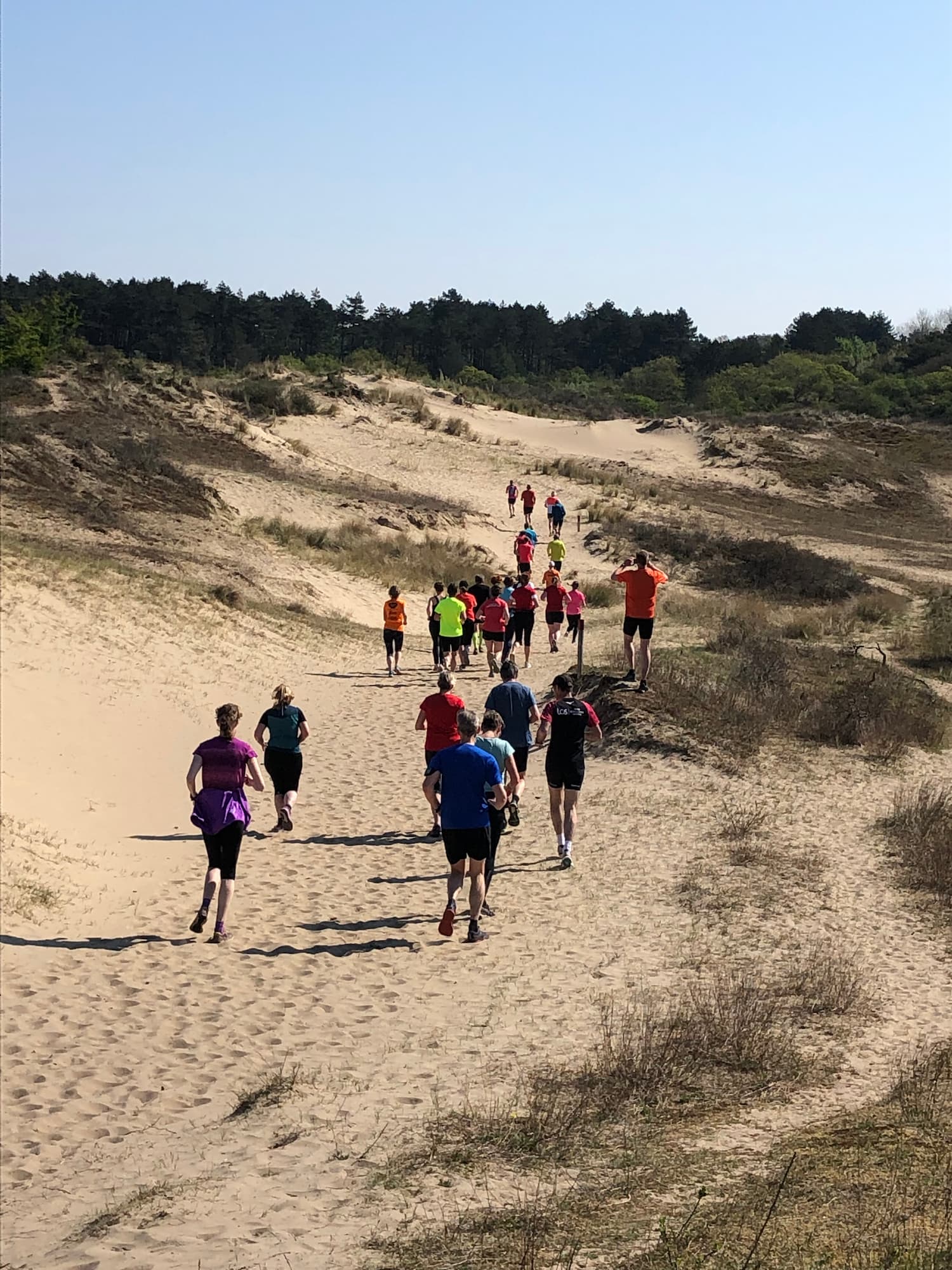 Hardlopers verspreid over een duingebied